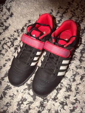 adidas Black and Red Mens Athletic powerlifting shoes with White Stripes